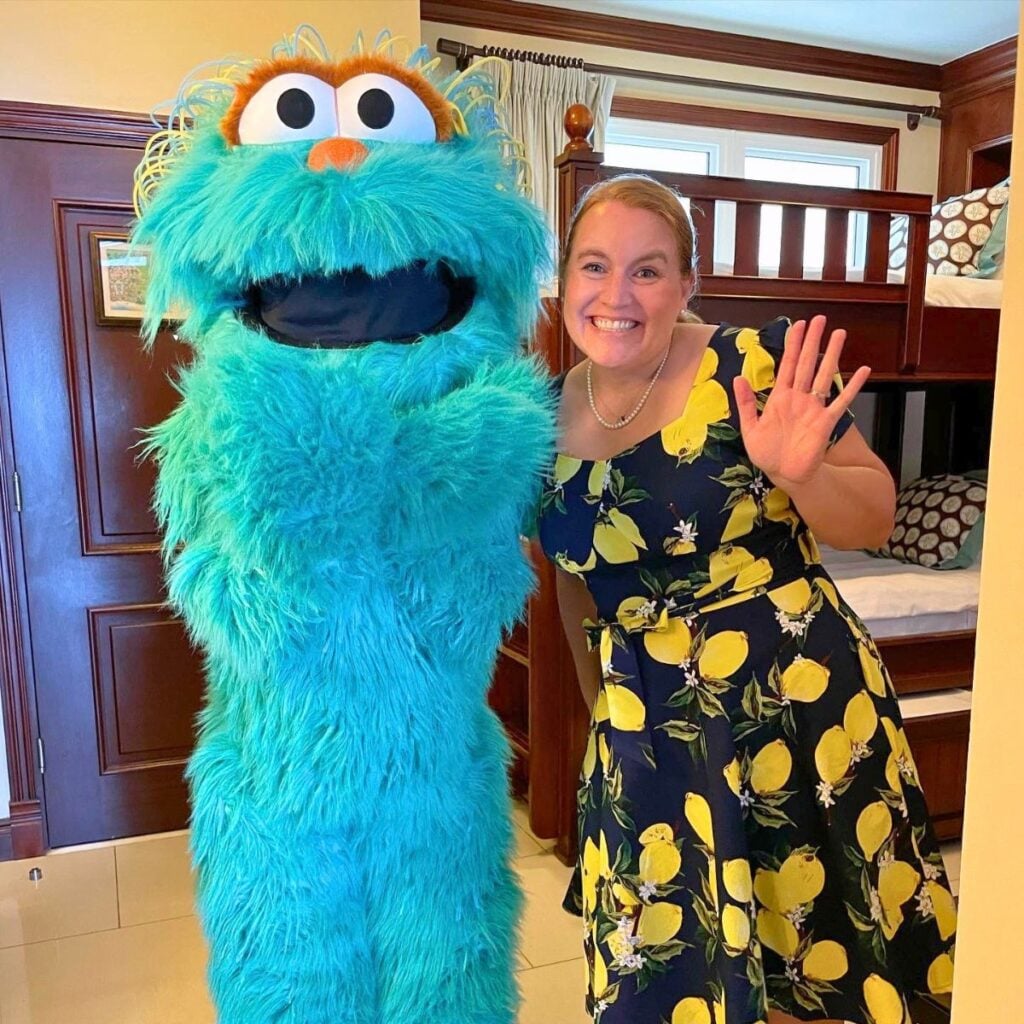 Jennifer Davis, your Lowcountry travel agent, with Sesame Street's Rosie at Beaches Turks and Caicos Resort