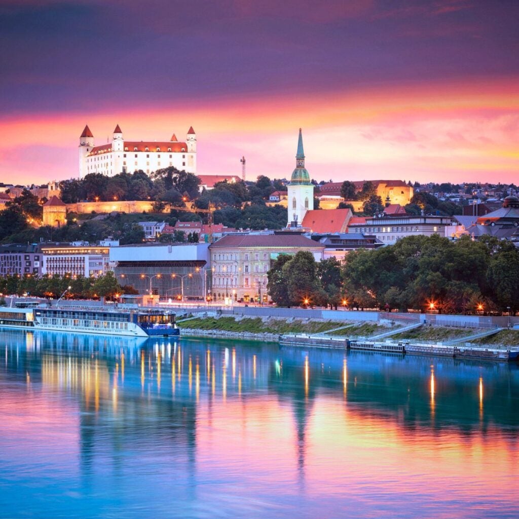 Amawaterways river cruise ship docked on the Danube at sunset in Bratislava