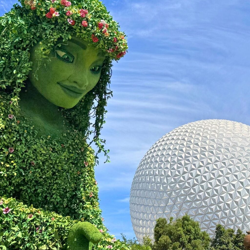 Tefiti as viewed from EPCOT with the EPCOT sphere behind her.