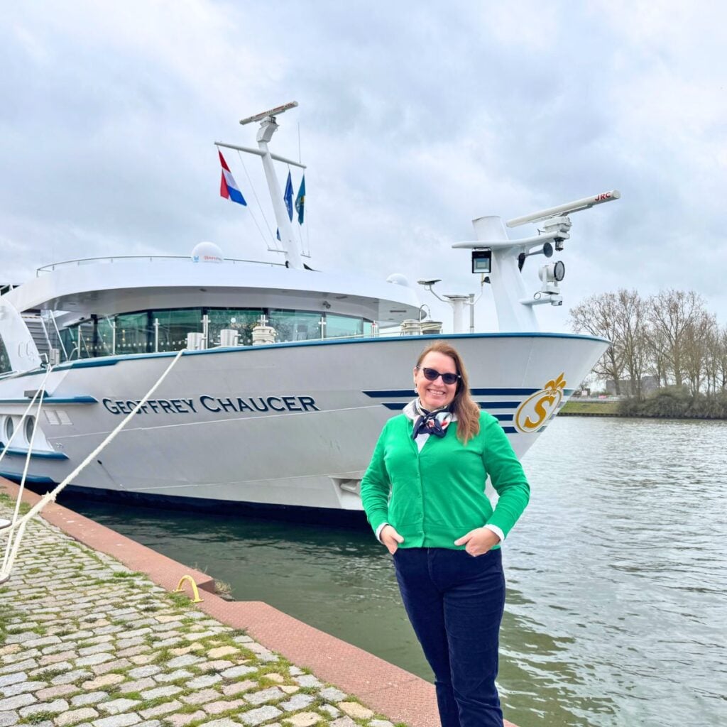Jennifer Davis in front of Riviera's Geoffrey Chaucer ship in Utrecht, The Netherlands