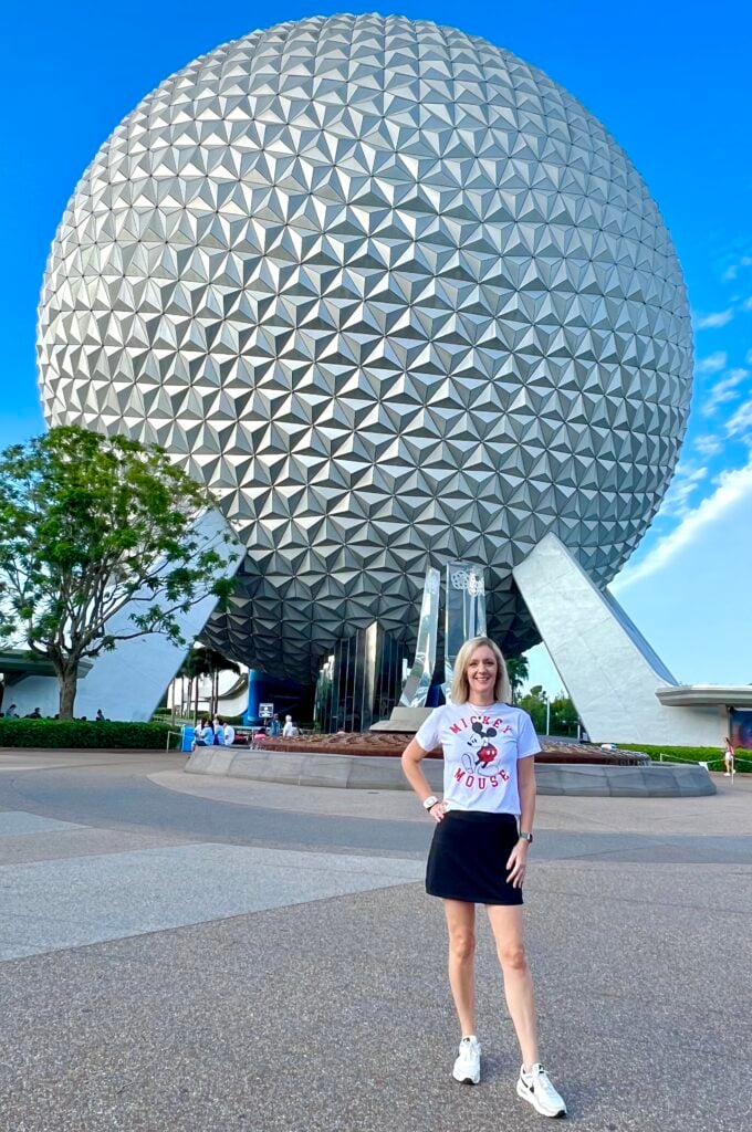 Ashley Belanger in front of Spaceship Earth at EPCOT