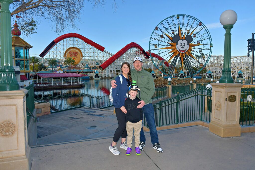 Kayla Zimmerman and her family at Pixar Pier in Disney California Adventure